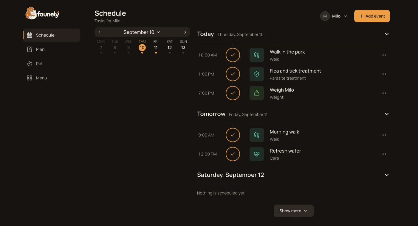 faunely schedule showing Milo’s care plan and today’s tasks